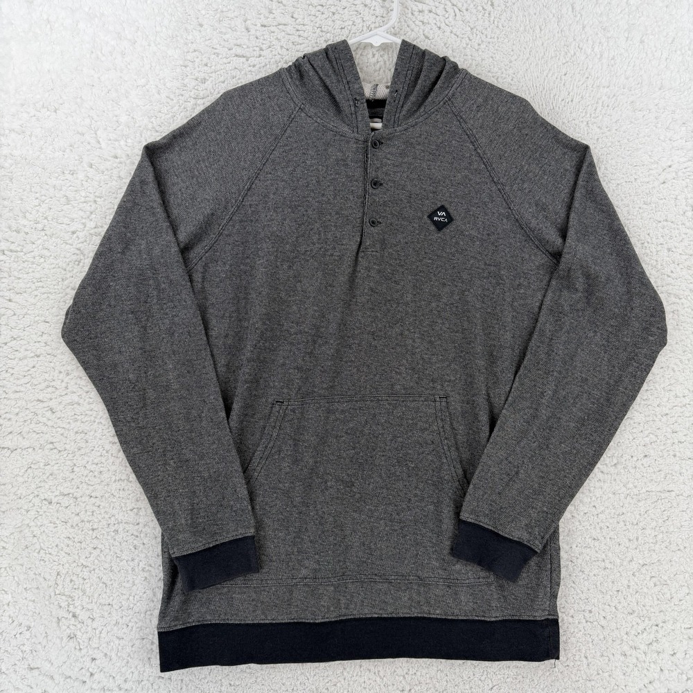 RVCA Hoodie Mens Large Gray Henley Knit Pullover Kangaroo Surf Skate Y2K